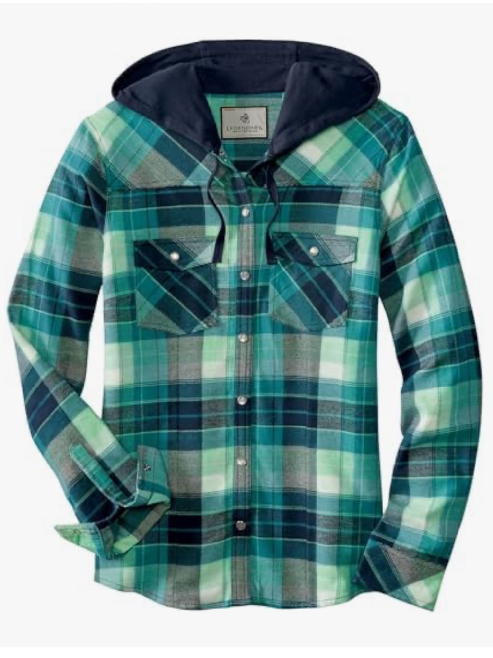 Legendary Whitetails Hoodie Flannel Medium Teal Navy Plaid Snap-Up Cotton Pocket